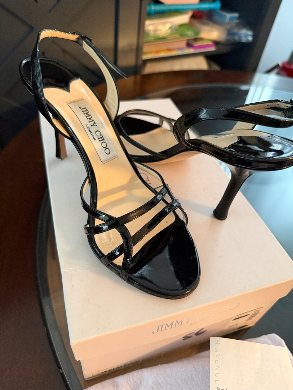 Jimmy Choo Black Patent Leather Strappy High Heels Size 37